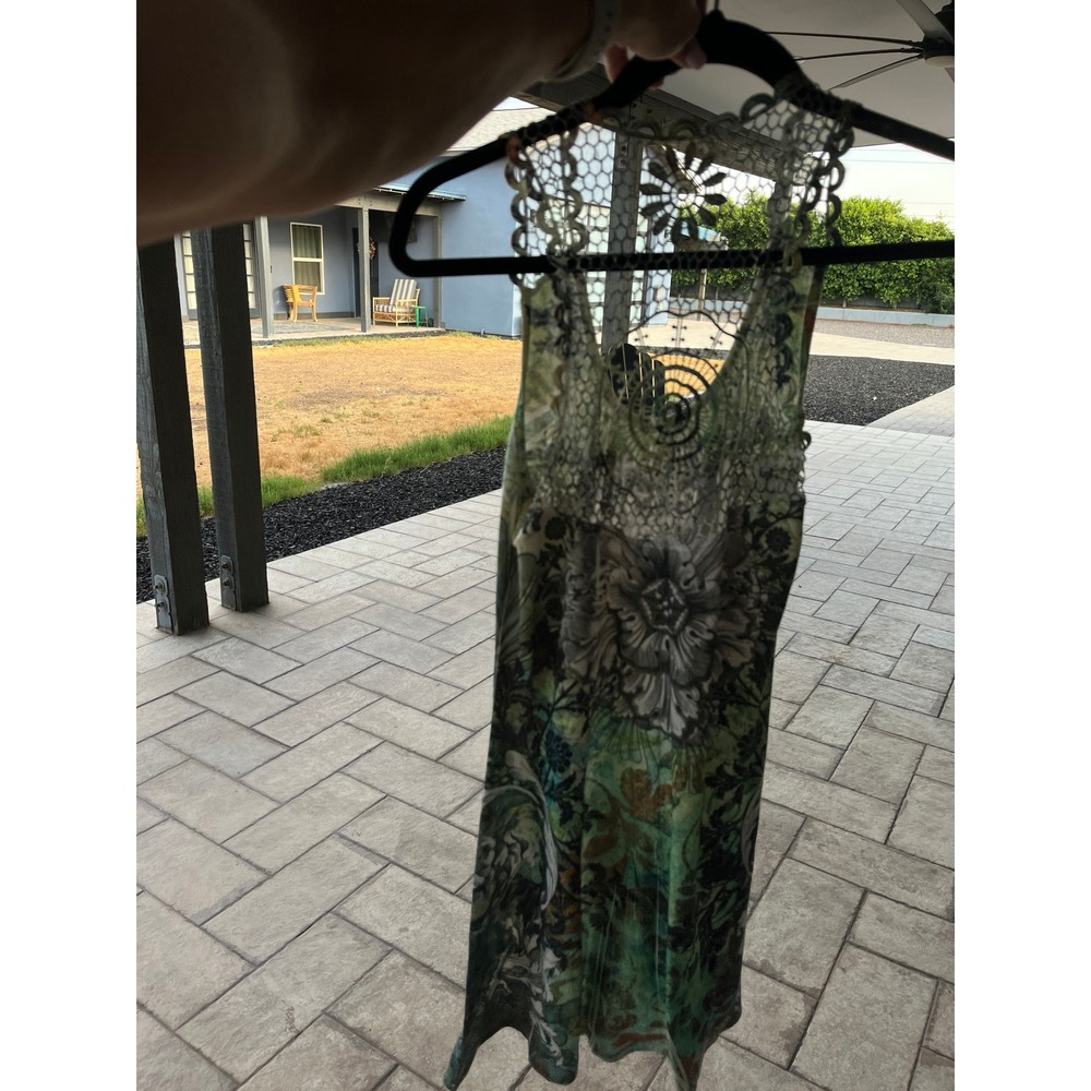 Rue 21 Boho Green Floral Botanical Crochet Lace Back Mini Dress M - Picture 3 of 7